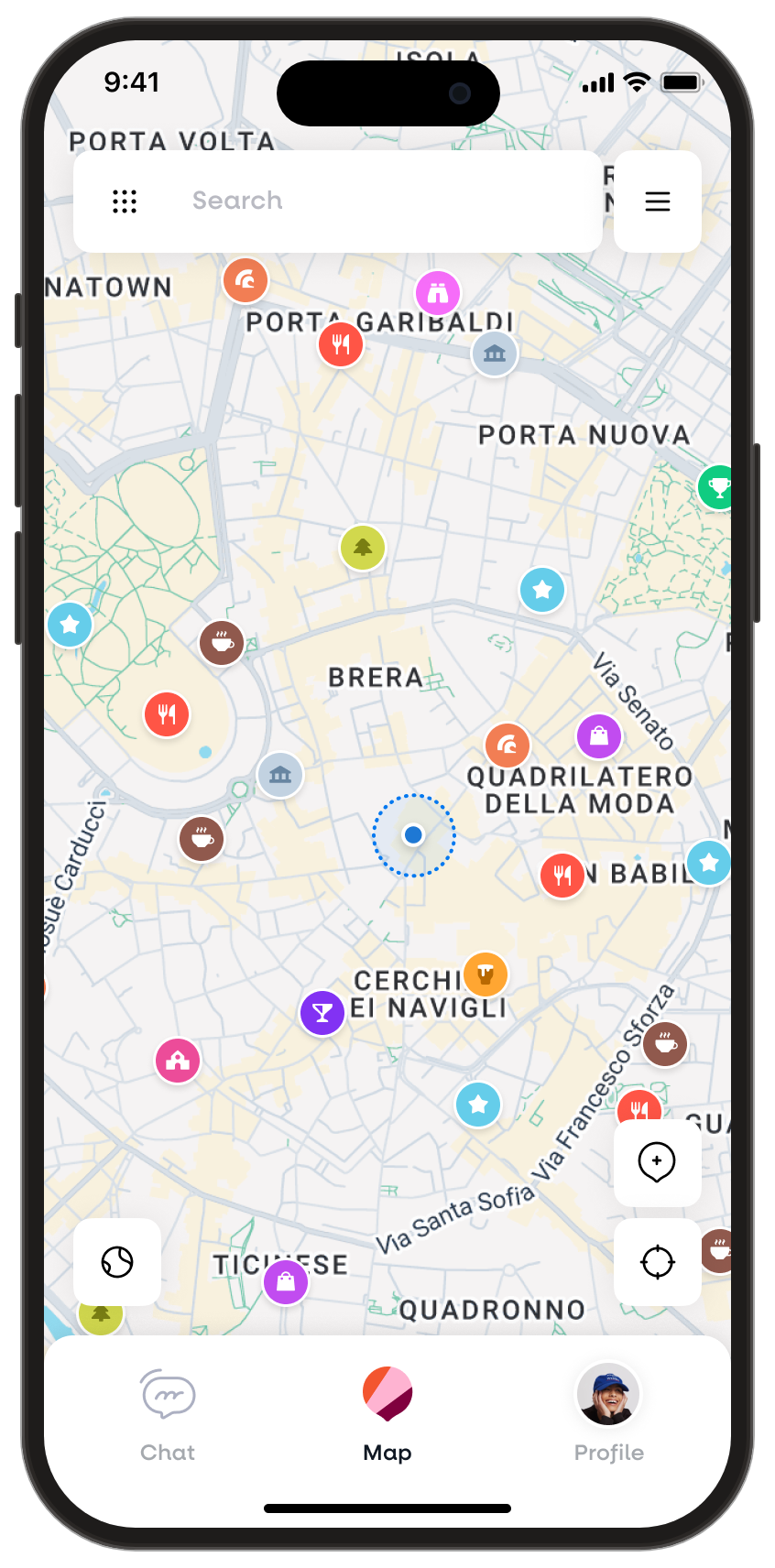 L'app Hint su iPhone: la mappa di Milano coi posti scelti dai curatori