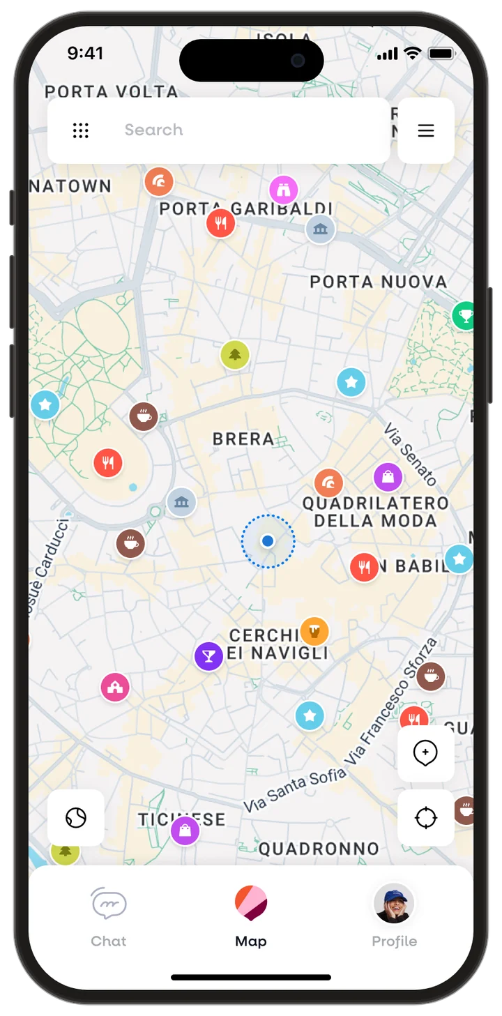 The Hint app: a map of Milan featuring places chosen by locals