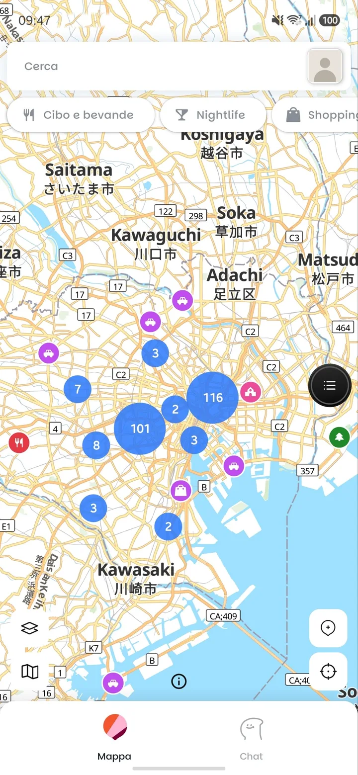 La mappa di Tokyo nell'app Hint, con i posti raggruppati per zona