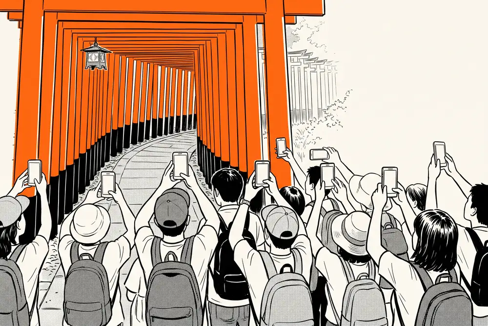 Illustrazione: una folla di turisti di spalle alza il telefono verso lo stesso punto, sotto i torii