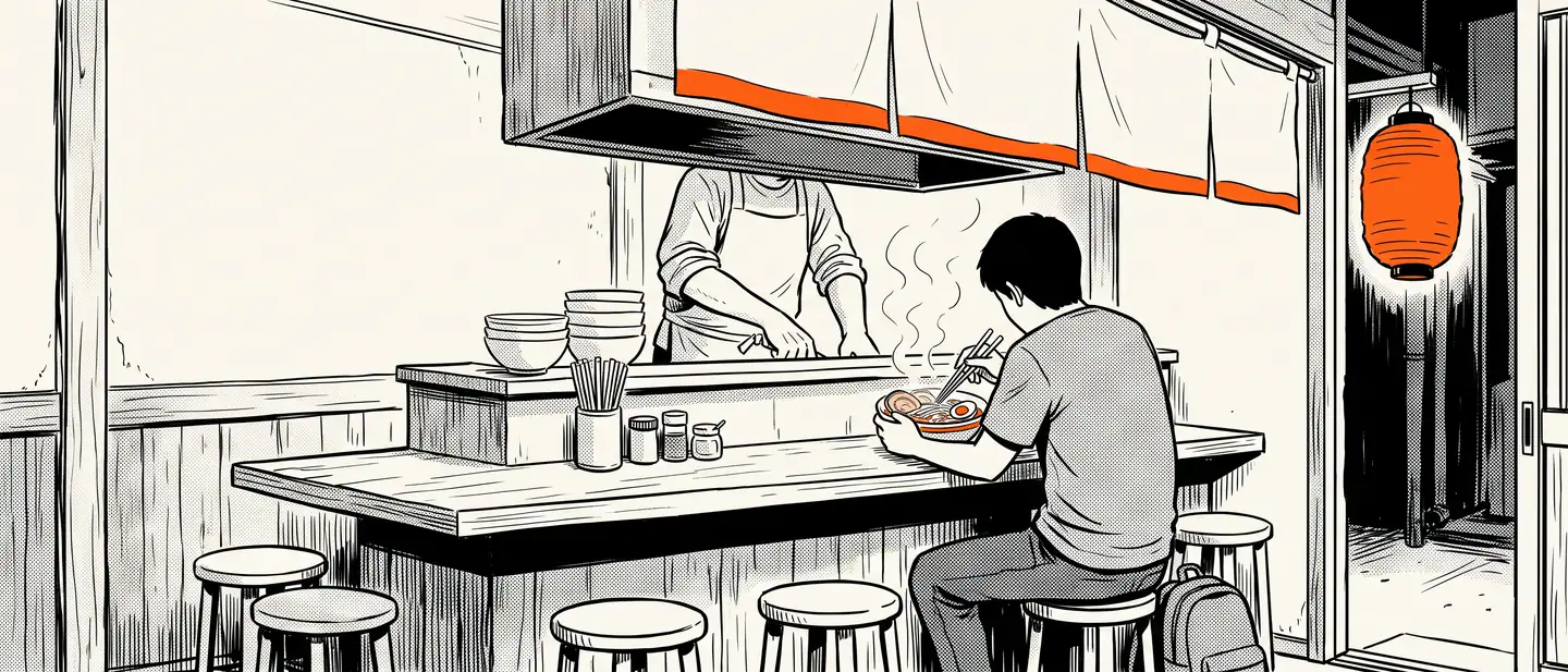 Illustrazione: un viaggiatore di spalle mangia un ramen al bancone di un piccolo locale, la sera